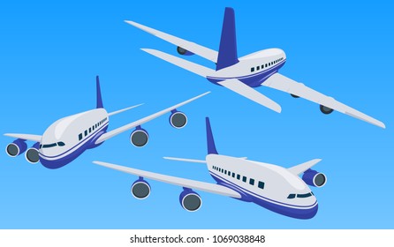Charter airplane in various point of view. Private charter flights. Plane in a flat 3d style. Private plane charter with a red stripe. Isolated aircraft for air charter service. Vector image