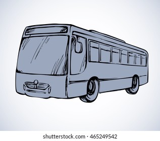 Charter charabanc isolated on white backdrop. Freehand outline ink hand drawn picture sketchy in art scribble retro style pen on paper. Side view with space for text on road