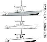 Charter fishing boat vector line art illustration and one color