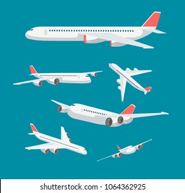 Charter flat airplane in various point of view. Civil aircraft journey and aviation vector symbols isolated. Aircraft charter, airplane with wing, aviation flight journey illustration