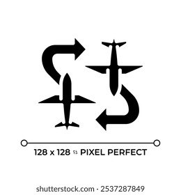 Charter flight black glyph icon. Airplanes with arrows. Flexible flight routes. Private aviation. Travel solutions. Silhouette symbol on white space. Solid pictogram. Vector isolated illustration