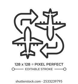 Icono lineal de vuelo charter. Aviones con flechas. Rutas de vuelo flexibles. Aviación privada. Soluciones de viaje. Ilustración de línea delgada. Símbolo de contorno. Dibujo de contorno de Vector. Trazo editable