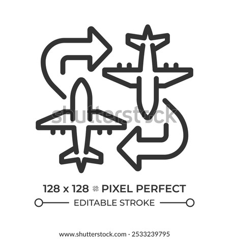 Charter flight linear icon. Airplanes with arrows. Flexible flight routes. Private aviation. Travel solutions. Thin line illustration. Contour symbol. Vector outline drawing. Editable stroke