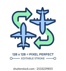 Charter flight RGB color icon. Airplanes with arrows. Flexible flight routes. Private aviation. Travel solutions. Isolated vector illustration. Simple filled line drawing. Editable stroke