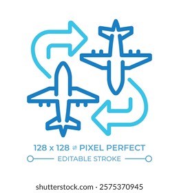 Charter flight two color line icon. Airplanes with arrows. Flexible flight routes. Private aviation. Travel. Bicolor outline symbol. Duotone linear pictogram. Isolated illustration. Editable stroke