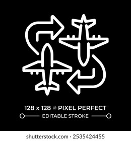 Charter flight white linear icon for dark theme. Airplanes with arrows. Flexible flight routes. Private aviation. Thin line illustration. Isolated symbol for night mode. Editable stroke