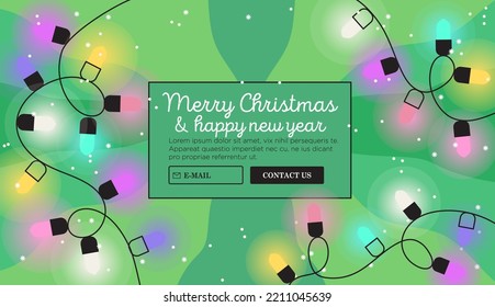 Chartoon background with colorful garland or glowing lights. Creative christmas or new year greeting card, banner, landing web page. Poster or placard with christmas decoration and place for text.