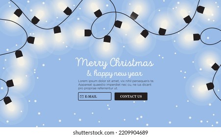 Chartoon background with garland or lights. Creative christmas or new year greeting card, banner, landing webite page. Poster or placard with christmas decoration and place for text.