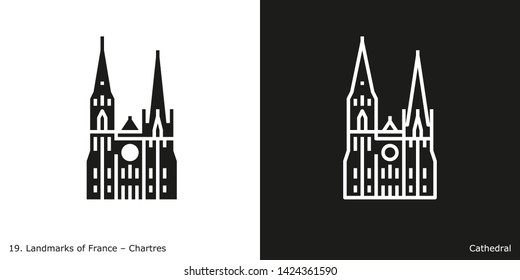 Chartres Cathedral. Outline and glyph style icons of the famous landmark from France.