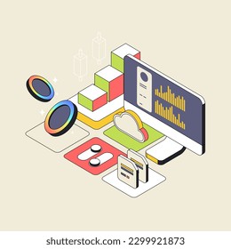 Charts and analyzing statistics. Data visualization concept. 3d isometric vector illustration.