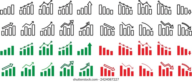 charts and bars going up and down with businesses rise and down in bull and bear market icon collection with editable stroke