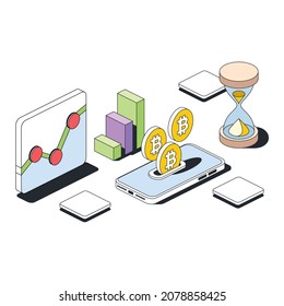 Charts charts, bitcoin cryptocurrency smartphone screen, hourglass. Vector 3d sketch line isometric style, color icon illustration. Creative design idea and infographics elements.