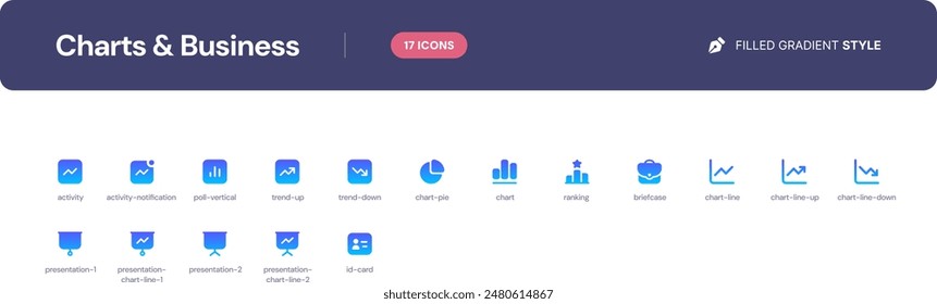 Diagramme und Business-Icon-Set. Grundlegende Benutzeroberflächensymbole, die im Stil des ausgefüllten Farbverlaufs festgelegt sind. Die Gruppe besteht aus wichtigen und häufig verwendeten Symbolen, die jeder UI-Designer benötigt.