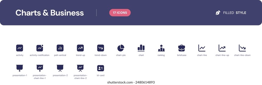 Charts and Business icon set. Essential UI Icons Set in Filled Style. The set consists of essential and commonly-used icons that every UI designer needs.