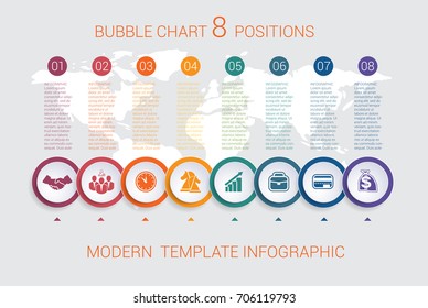 Charts business infographic step by step 8 positions colorful bubbles