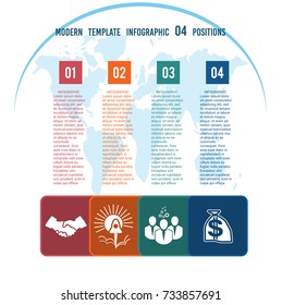 Charts business infographic template step by step Colour squares with columns for the text on a world map 04 positions