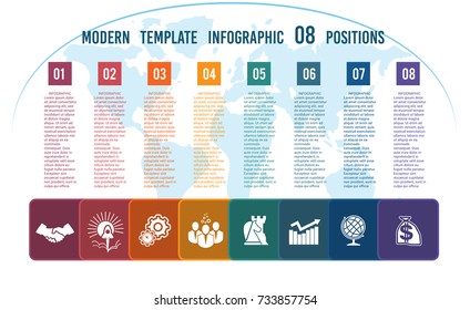Charts business infographic template step by step Colour squares with columns for the text on a world map 08 positions
