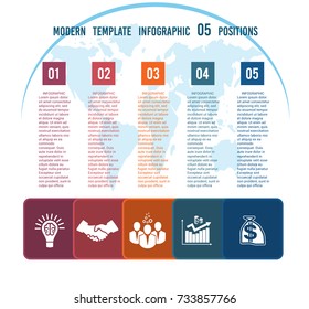 Charts business infographic template step by step Colour squares with columns for the text on a world map 05 positions