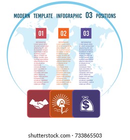 Charts business infographic template step by step Colour squares with columns for the text on a world map 03 positions
