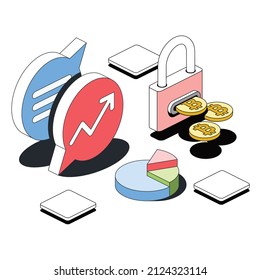 Gráficas, burbujas de chat, cancela monedas de bitcoin. Estilo isométrico de la línea de esbozo 3d vectorial, ilustración del icono de color. Idea de diseño creativo y elementos de infografía.