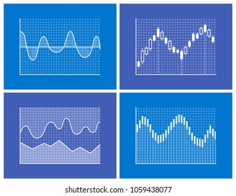 Charts collection poster with set of graphics and frames, curved lines and given information and data, vector illustration isolated on blue background