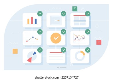 Diagramme wurden mit Aufgaben abgeschlossen. Zeitmanagement und Organisation eines effizienten Arbeitsablaufs. Grafiken, Diagramme und Diagramme, arbeiten mit Statistiken und Analytik. Poster oder Banner. Cartoon-Flavektor-Vektorgrafik