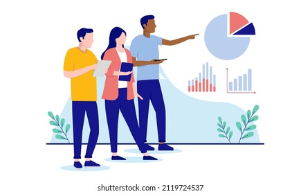 Charts and data discussion - Working people analysing pie chart and graphs, flat design vector illustration with white background