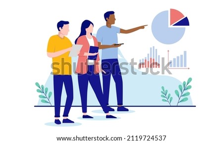 Charts and data discussion - Working people analysing pie chart and graphs, flat design vector illustration with white background