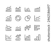 Charts and Data Visualization, linear style icon set. Information through graphs and diagrams. Bar charts, pie charts, line graphs for analytics and metrics. Editable stroke width.