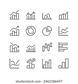 Charts and Data Visualization, linear style icon set. Information through graphs and diagrams. Bar charts, pie charts, line graphs for analytics and metrics. Editable stroke width.