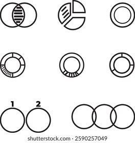Charts and Data Visualization, linear style icon set. Information through graphs and diagrams. Pie charts for analytics and metrics. Editable stroke width.