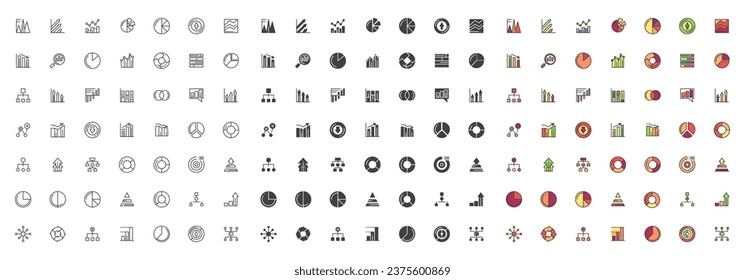 Charts and diagram different style icon set. Line, glyph and filled outline colorful version, outline and filled vector sign. Infographic symbols, logo illustration. Vector graphics