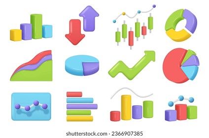 Charts and diagram icon set. Color pie and candlestick Chart. Planning and statistics. Isolated 3d icons, objects for financial statistics data analysis, visualization and investment graphs