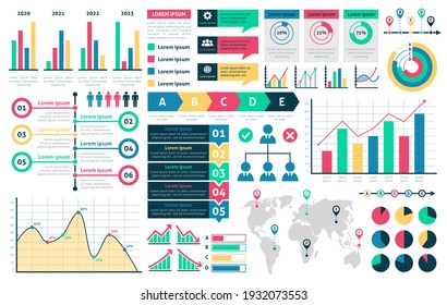 Charts and diagrams. Graphical colorful schemes infographic, rising and falling with percentages data financial analytic marketing infochart, presentation visualization vector isolated elements set
