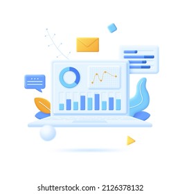 Charts, diagrams, graphs and envelope. Concept of corporate letter with statistical report, business information analysis and visualization. Modern colorful vector illustration in 3d style for banner.