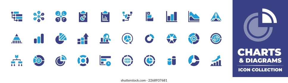 Charts and diagrams icon collection. Duotone color. Vector illustration. Containing diagram, area chart, radar chart, pyramid chart, bar, pie, donut, organization chart.