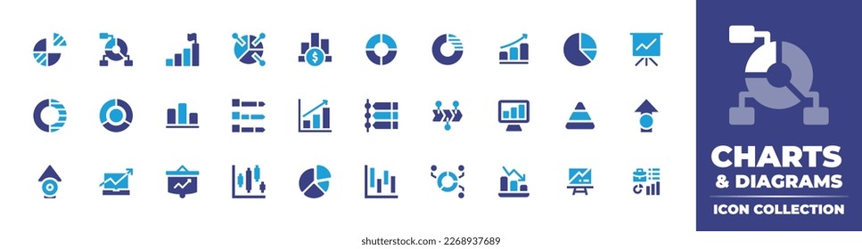 Charts and diagrams icon collection. Duotone color. Vector illustration. Containing sharing, graph, goal, analysis, benefit, doughnut, growth, pie chart, presentation, market fluctuation, infographic.