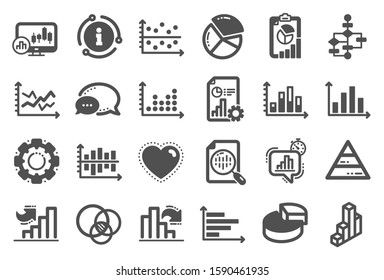 Charts and Diagrams icons. Report, 3D Chart, Block diagram and Dot Plot graph icons. Trend, Pyramid and Pie chart report symbols. Presentation infochart, process flow diagram. Quality set. Vector