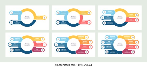 Charts, diagrams for infographics with 3, 4, 5, 6, 7, 8 steps, options. Vector infographic templates.