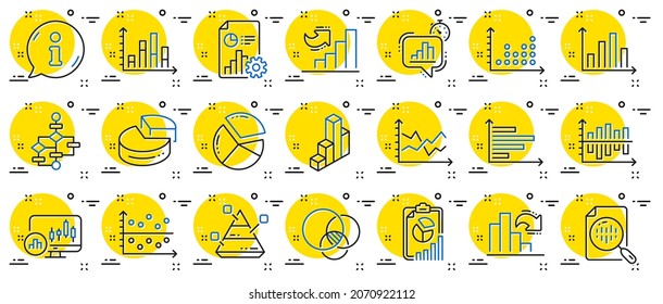 Charts and Diagrams line icons. Report, 3D Chart, Block diagram and Dot Plot graph linear icons. Trend, Pyramid and Pie chart report symbols. Presentation infochart, process flow diagram. Vector