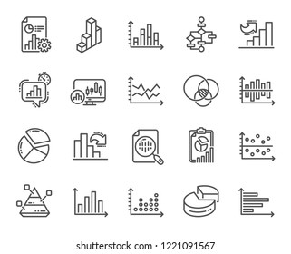 Charts and Diagrams line icons. Set of 3D Chart, Block diagram and Dot Plot graph linear icons. Trend, Pyramid and Pie chart report symbols. Presentation infochart, process flow diagram. Vector