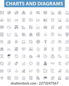 Charts and diagrams line icons, signs set. Graphs, Plots, Tables, Maps, Diagrams, Charts, Pie, Line, Bar outline vector illustrations.