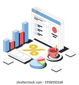 Charts, finance, browser window, cup of tea. Vector 3d line isometric, color web icons, new flat style. Creative design idea for infographics.