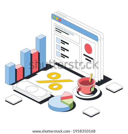 Charts, finance, browser window, cup of tea. Vector 3d line isometric, color web icons, new flat style. Creative design idea for infographics.