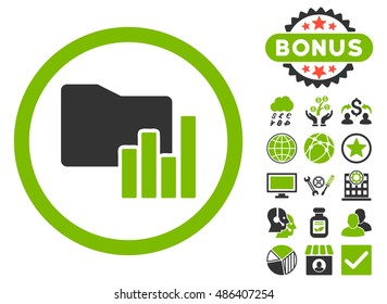 Charts Folder icon with bonus pictures. Vector illustration style is flat iconic bicolor symbols, eco green and gray colors, white background.