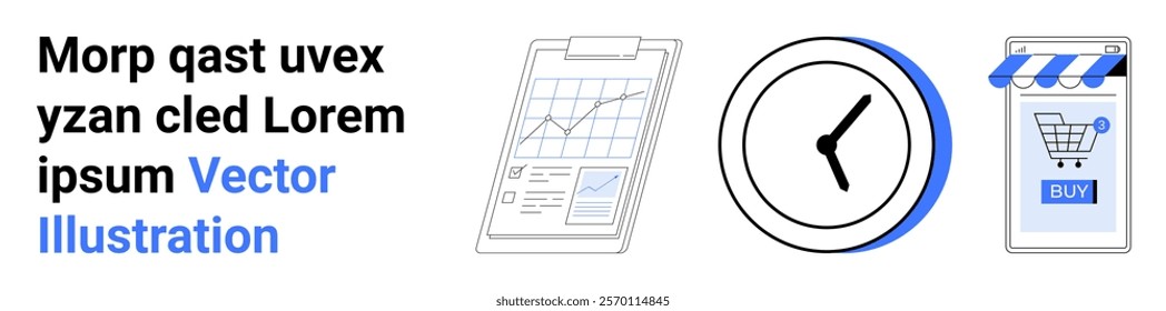 Charts and graph clipboard, clock symbolizing time management, and online shopping icon with Buy button. Ideal for e-commerce, business analytics, time management, online retail, marketing. Banner