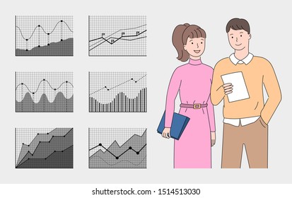 Charts or graph on cells and grey color, people communication, workers man and woman holding papers, discussing documents, closeup view of employees vector