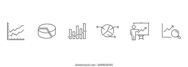 Charts and graph web line icon set. Set of  outline icons related to graph, charts, candlesticks, bar charts, pie charts and others. Editable stroke. Vector illustration. 