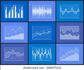 Charts and graphical representation of information set of charts and graphics, data and visualisation, vector illustration isolated on blue background