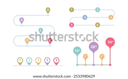 Charts and graphics with percent and steps. Vector isolated logic and navigation, strategy with actions sequence. Presentation layout or progress of business, growth and development visualization